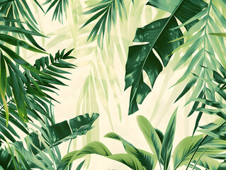 Vibrant green palm leaf print on a tropical background, creating a beautiful and refreshing design.