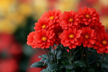A vibrant bouquet of red chrysanthemum flowers with blurred background, emphasizing their bright and vivid colors.