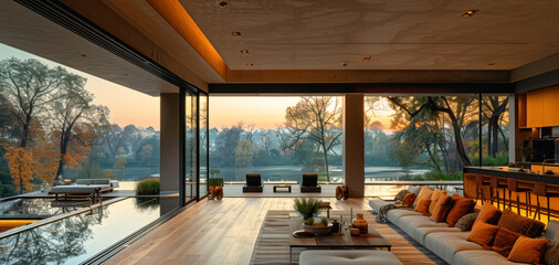 Fototapeta premium Beautiful interior of a modern villa, view from veranda