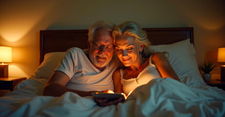 Senior man and woman in bed browsing smartphone together, warm bedroom ambiance, elderly digital engagement at home, mature couple leisure time with mobile device