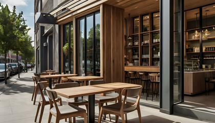 Modern coffee shop cafe boasting a sophisticated glass facade framed by wooden accents minimalist design sleek restaurant interior pendant lights  urban architecture