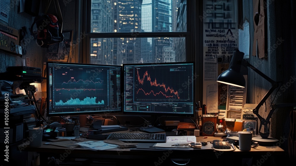 Aufkleber a dimly lit workspace with dual monitors displaying financial data and charts.