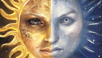 mask would combine two faces—one side representing the sun and the other the moon. The sun side would be warm, golden, and glowing, with patterns that reflect rays of light.