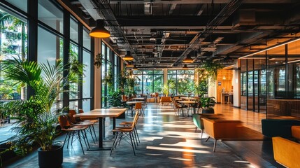 Fototapeta premium A modern workspace with plants, natural light, and cozy seating for collaboration and relaxation.