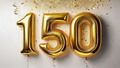 Gold birthday / anniversary balloon, number 150, white background with confetti