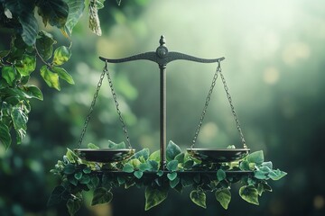 Balance scale adorned with greenery, symbolizing justice and nature's harmony in soft light.