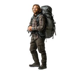 Fototapeta premium Portrait of a man with a backpack ready for a hiking adventure. He is dressed in outdoor gear, looking prepared for an outdoor excursion isolate on transparency background