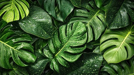 A close-up of lush green leaves with water droplets, showcasing nature's beauty.