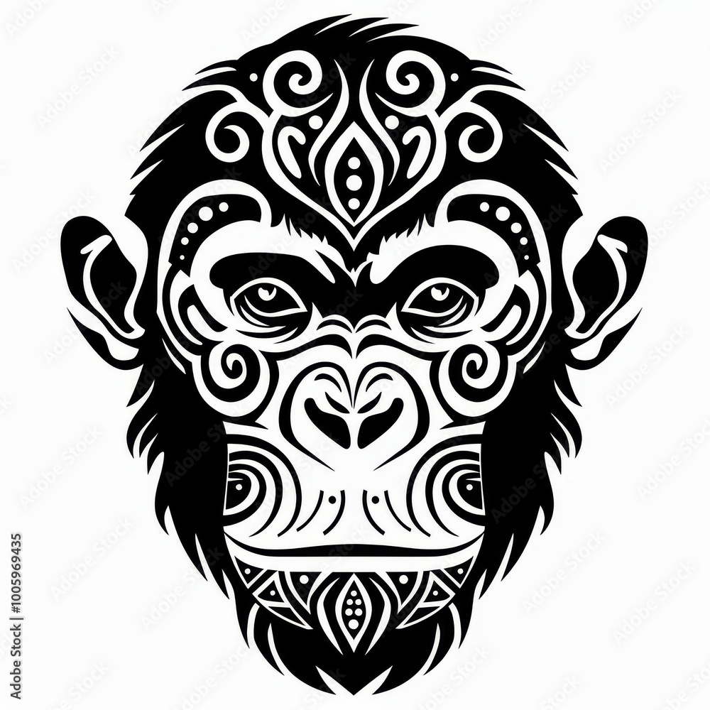 Poster silhouette of a monkey head with intricate tribal patterns.