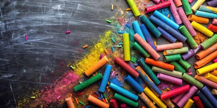 Broken crayons in vibrant colors scattered on a blackboard , art supplies, school, education, creativity, messy