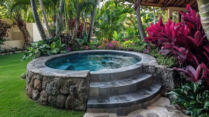 A tranquil hot tub surrounded by lush greenery and vibrant flowers in a serene garden setting.
