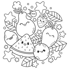 cute fruits coloring book illustration