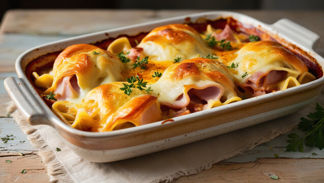 Austrian Baked Ham Cheese and Noodle Casserole closeup on the baking dish on the table Horizontal