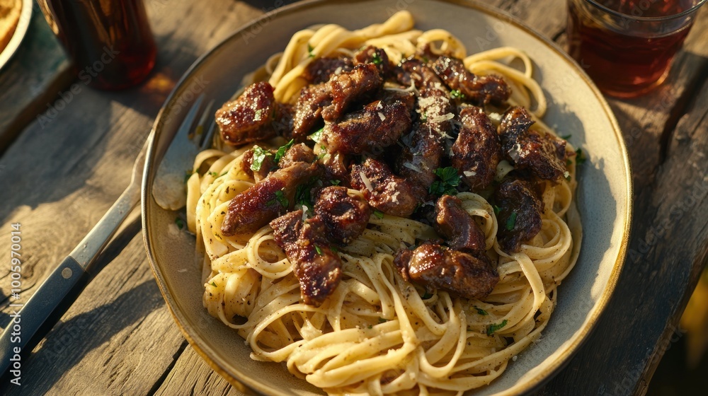 Poster A plate of pasta topped with beef, garnished with herbs, served outdoors.