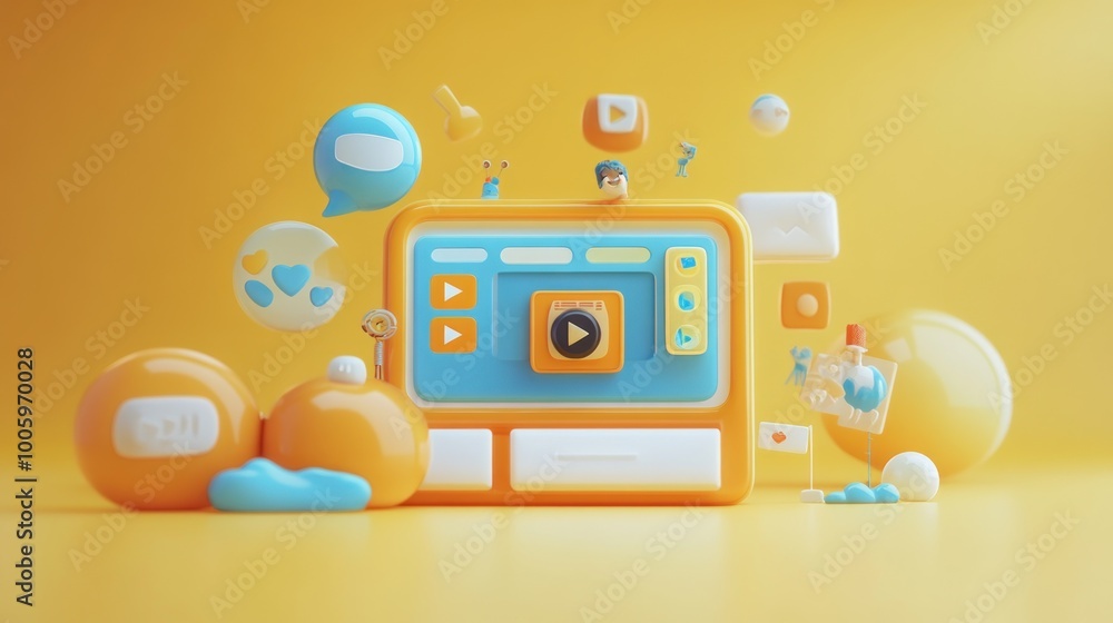 Poster a colorful, playful interface design featuring multimedia elements and interactive icons.