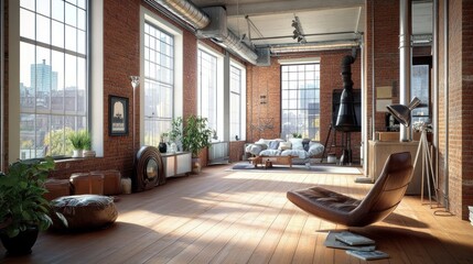 Fototapeta premium Spacious industrial-style living room with large windows and cozy furnishings.