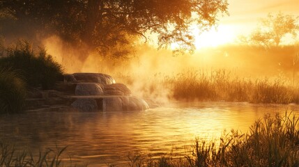 A serene landscape featuring a misty waterfall at sunrise, creating a tranquil atmosphere.