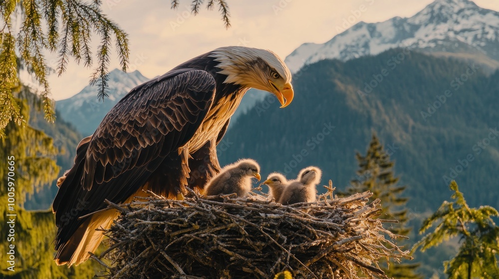 Sticker A majestic eagle watches over its chicks in a natural nest amidst a mountainous landscape.