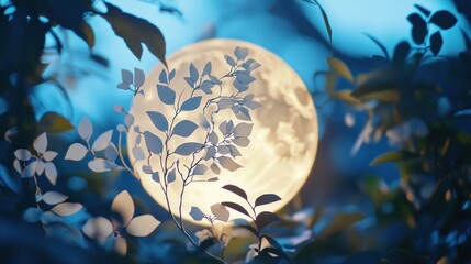 A serene scene featuring a glowing moon surrounded by delicate leaves.