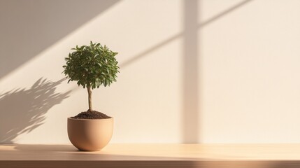 Fototapeta premium A small potted plant on a wooden surface with soft shadows.