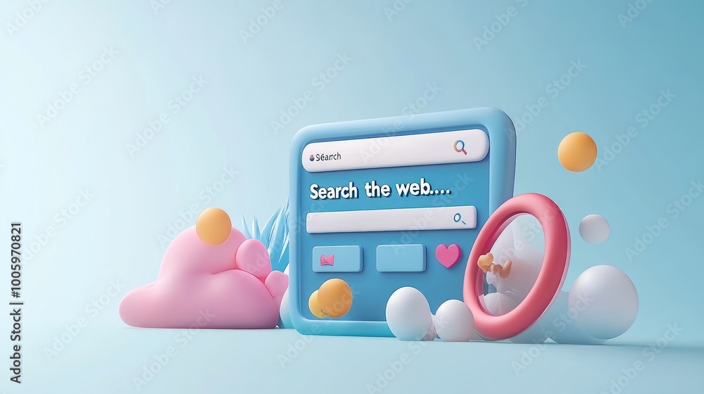 Poster a colorful 3d illustration of a search interface with playful shapes and elements.