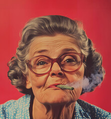 psychedelic crazy happy elder woman with cigar or cigarette, smoking a marihuana joint, weed, ganja, funny expression, trippy face, vintage poster