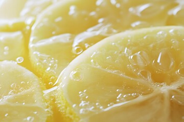 A close-up view of vibrant lemon slices, glistening with freshness and dotted with droplets of juice.