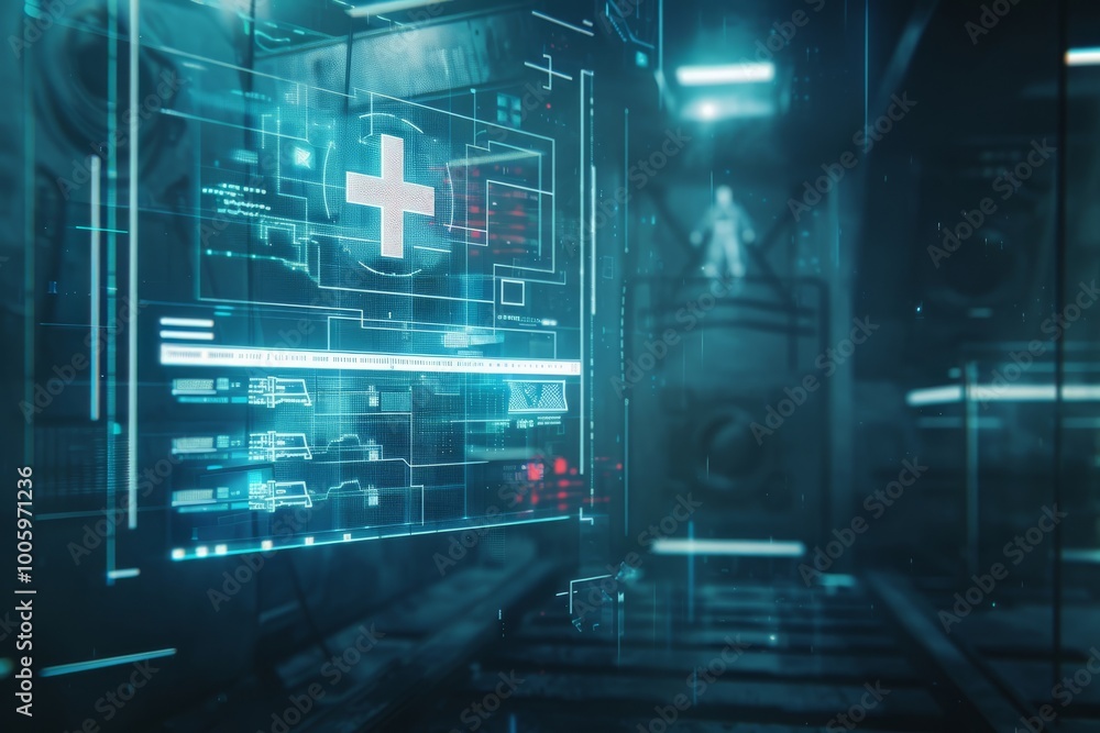 Poster futuristic medical interface shows holographic data in a high-tech lab at night, highlighting advanc