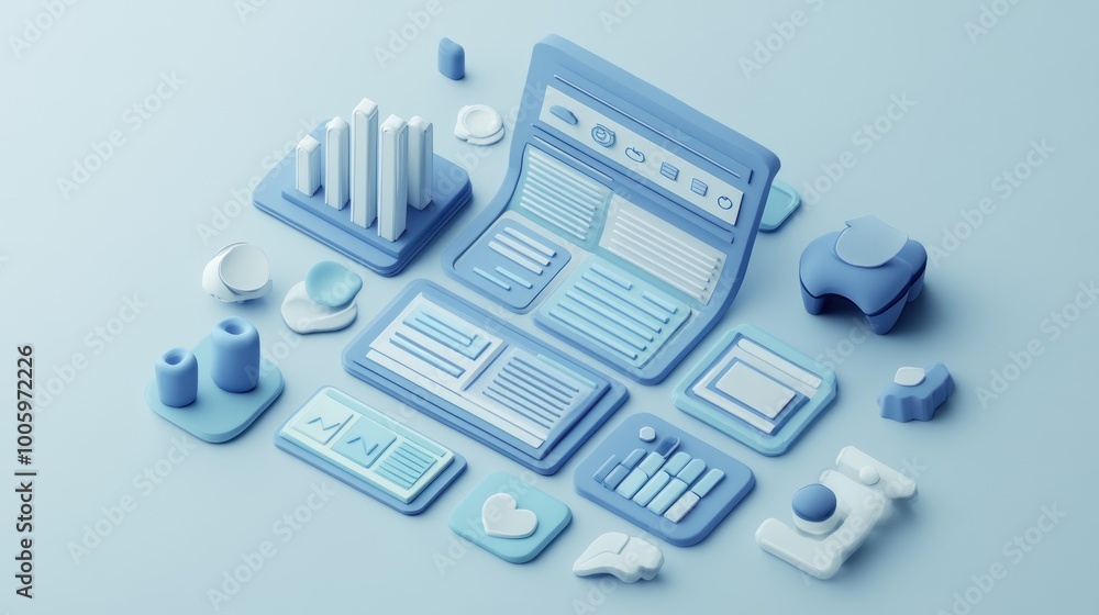 Aufkleber a collection of blue-themed digital elements representing data and analytics.