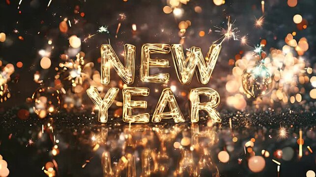 Sparkler "New Year" Sign with Bokeh Lights and Ornaments