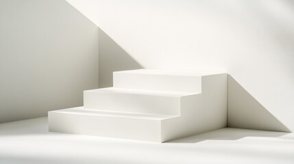 Minimalist white stairs in a bright, shadowed interior space.