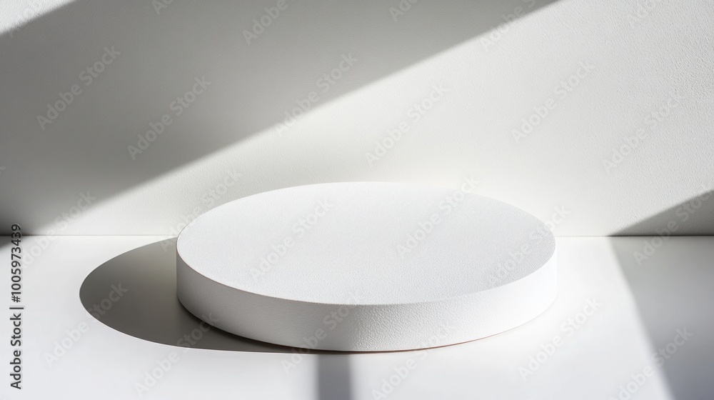 Poster a minimalist white circular platform with textured surface, illuminated by shadows.