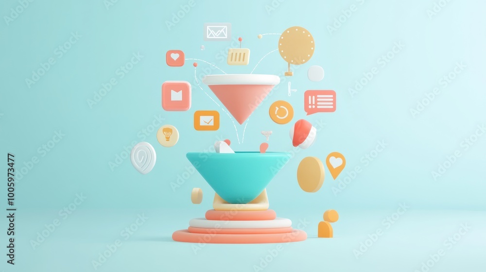 Poster a stylized funnel graphic symbolizing data processing and communication.