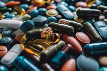 A variety of pharmaceutical pills and capsules arranged on a surface, representing healthcare diversity. , background blur