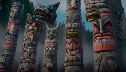 The masks could hover above intricately carved totem poles, each representing different animals and spirits. The totem poles would rise majestically from the ground.