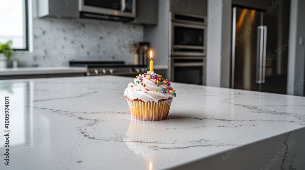 Poster A cupcake with a candle and sprinkles on a kitchen countertop.