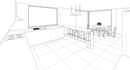 interior kitchen living room 3d illustration	
