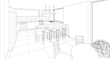 interior kitchen living room 3d illustration	
