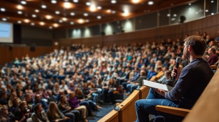 A speaker addresses a large audience in a theater setting, engaging them in discussion.