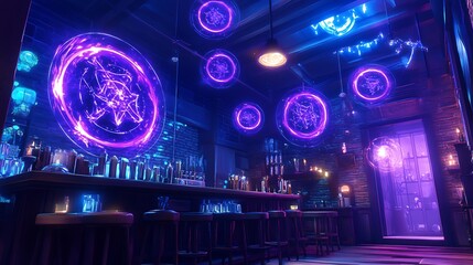 Mystical Bar Interior with Neon Lights and Glowing Orbs.