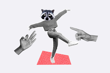 Composite photo collage of happy girl wear raccoon mask masquerade party dance occasion human hands...