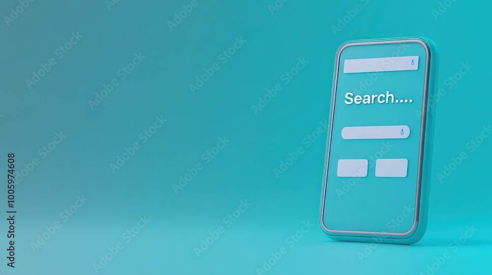 Poster a smartphone displaying a search interface against a teal background.