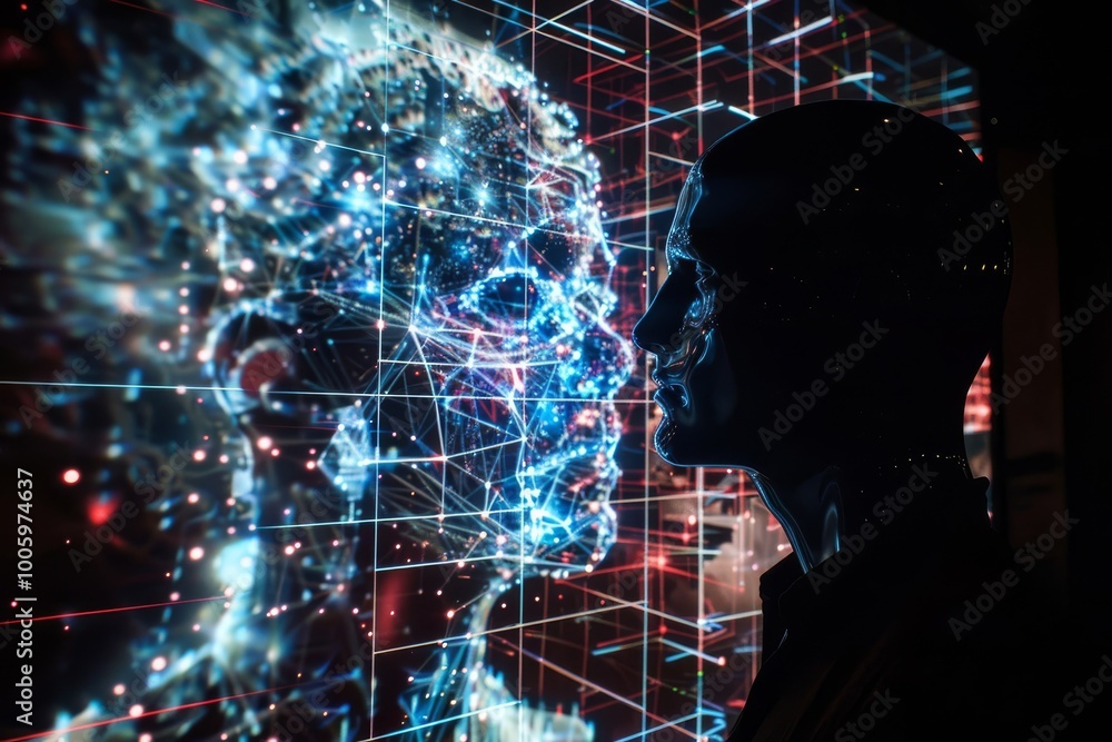 Poster a futuristic exploration of artificial intelligence as a humanoid figure interacts with a digital pr