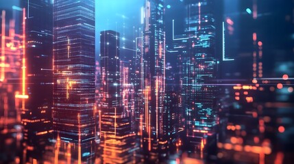 Fototapeta premium Augmented Reality Business Presentation featuring Glowing Holographic Data Visualizations and a Corporate Skyscraper Backdrop Futuristic Technology for Finance Research and Analytics Insights