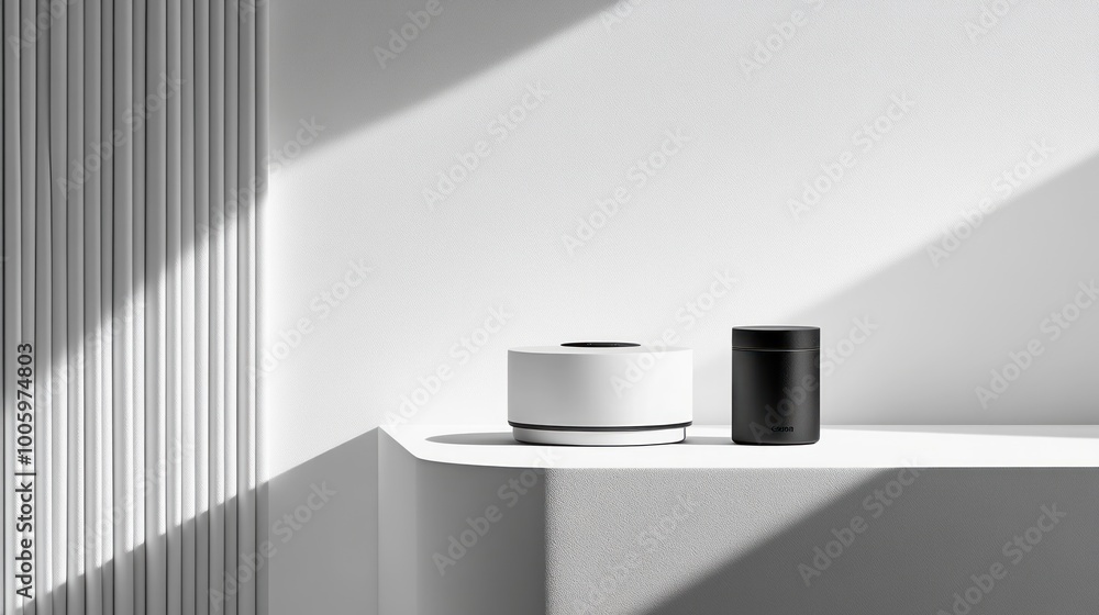 Aufkleber a minimalist display featuring a white and black object on a sleek surface with shadows.