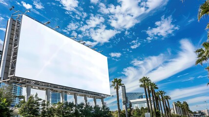 A blank billboard positioned at the entrance to a bustling convention center