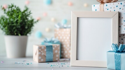 A decorative scene featuring a blank frame, gifts, and a potted plant for celebration.