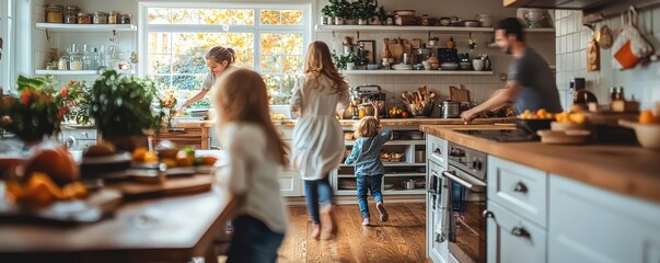 Blurred motion image of a lively family in a bright kitchen preparing food together, emphasizing warmth and togetherness