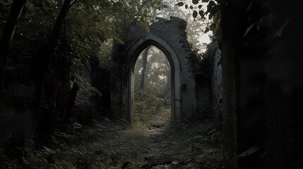 Obraz premium Overgrown Stone Archway in a Dark Forest