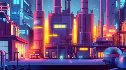 Cartoon style minimal power plant with sleek machinery glowing energy conduits and whimsical architectural elements in a vibrant high contrast color palette